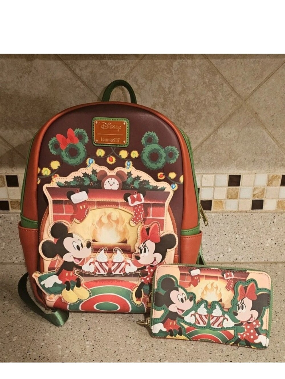Loungefly Disney Mickey Minnie hot Cocoa Fireplace Mini Backpack & Wallet